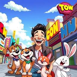 A vibrant and whimsical scene featuring a human interacting with cartoon characters in a colorful urban environment
