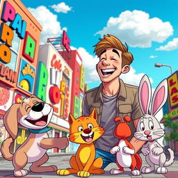 A vibrant and whimsical scene featuring a human interacting with cartoon characters in a colorful urban environment