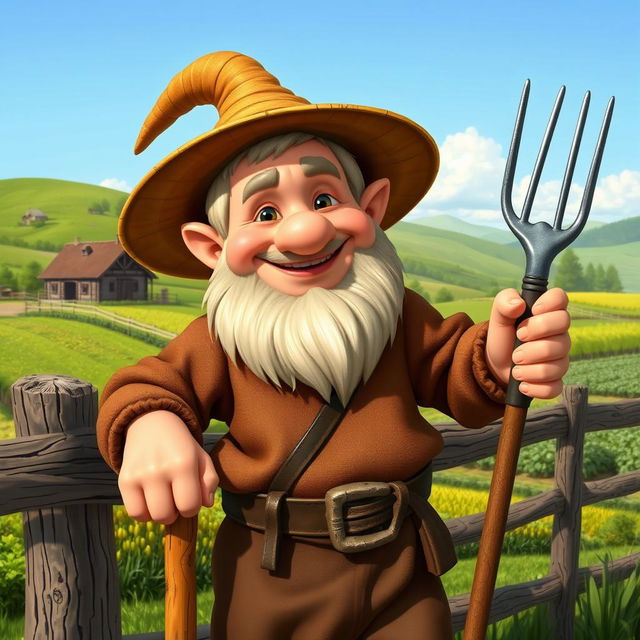 A medieval dwarf farmhand with a cheerful expression, clean-shaven and featuring short, neatly styled hair