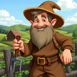 A medieval dwarf farmhand with a cheerful expression, clean-shaven and featuring short, neatly styled hair