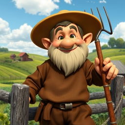 A medieval dwarf farmhand with a cheerful expression, clean-shaven and featuring short, neatly styled hair