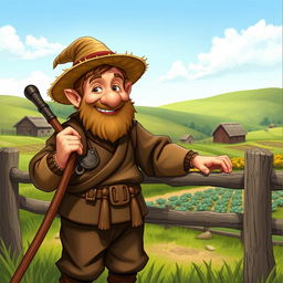 A medieval dwarf farmhand with a cheerful expression, clean-shaven and featuring short, neatly styled hair