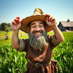 A medieval dwarf farmhand in a vibrant green field, looking directly into the camera with a cheerful smile