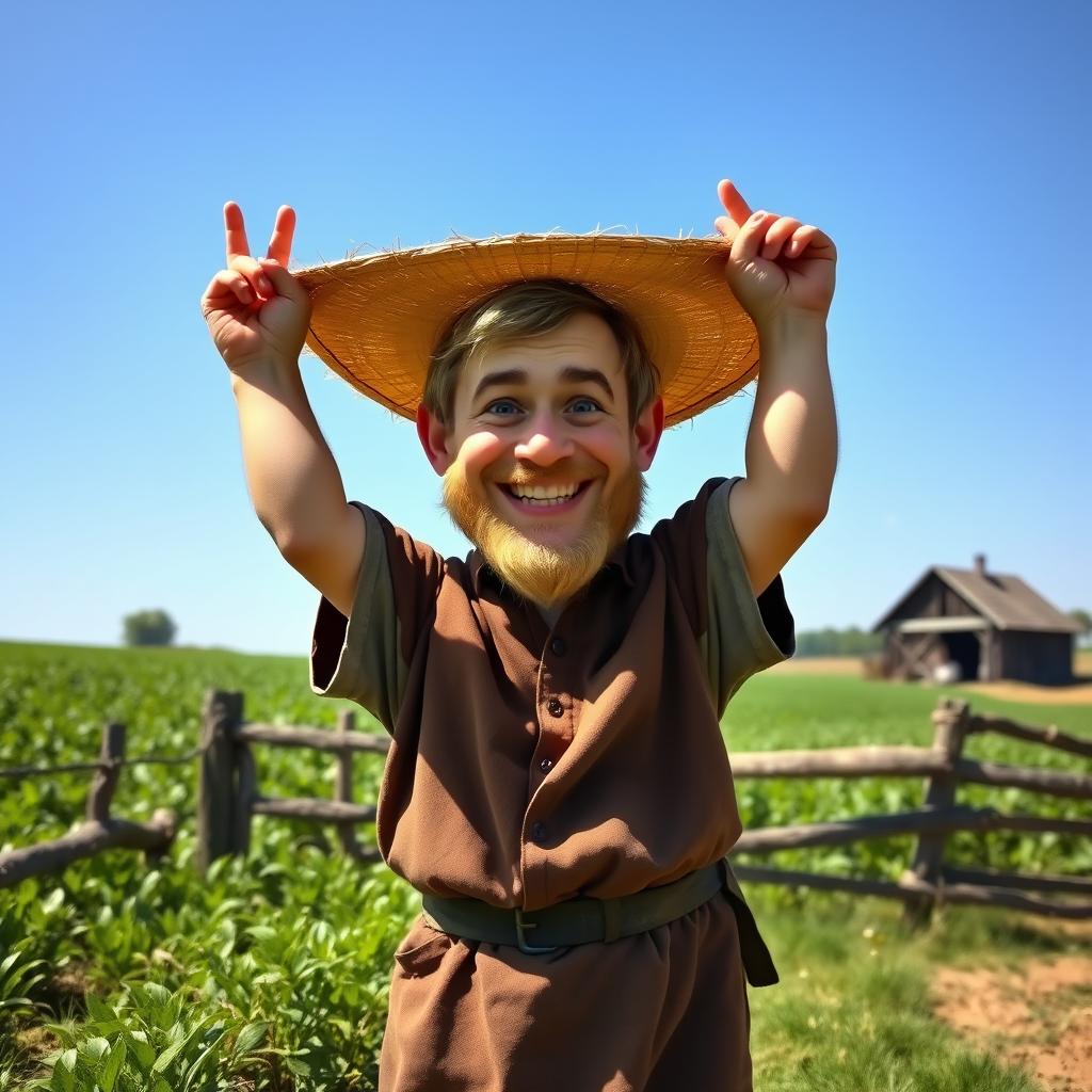 A medieval dwarf farmhand in a vibrant green field, looking directly into the camera with a cheerful smile