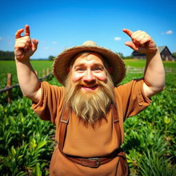 A medieval dwarf farmhand in a vibrant green field, looking directly into the camera with a cheerful smile