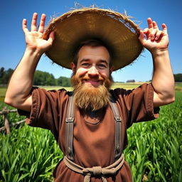 A medieval dwarf farmhand in a vibrant green field, looking directly into the camera with a cheerful smile
