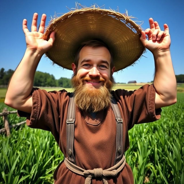 A medieval dwarf farmhand in a vibrant green field, looking directly into the camera with a cheerful smile