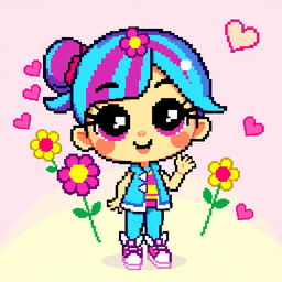 A vibrant and colorful pixel art character inspired by retro video games, featuring a cute girl with big expressive eyes, wearing a stylish outfit with bright colors like pink and blue