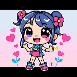 A vibrant and colorful pixel art character inspired by retro video games, featuring a cute girl with big expressive eyes, wearing a stylish outfit with bright colors like pink and blue
