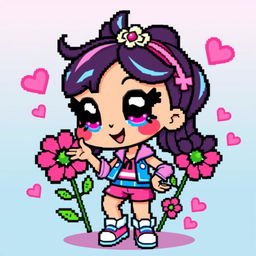 A vibrant and colorful pixel art character inspired by retro video games, featuring a cute girl with big expressive eyes, wearing a stylish outfit with bright colors like pink and blue