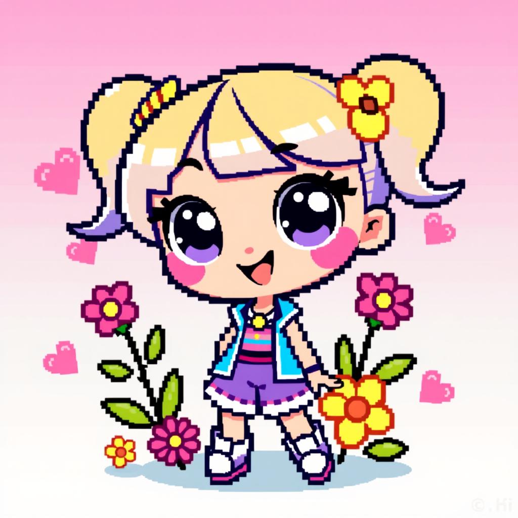 A vibrant and colorful pixel art character inspired by retro video games, featuring a cute girl with big expressive eyes, wearing a stylish outfit with bright colors like pink and blue