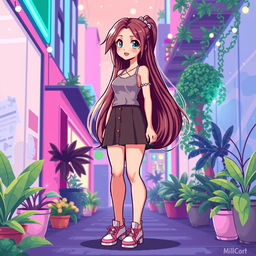 A breathtaking pixel art rendering of a beautiful girl standing tall in a stylish outfit