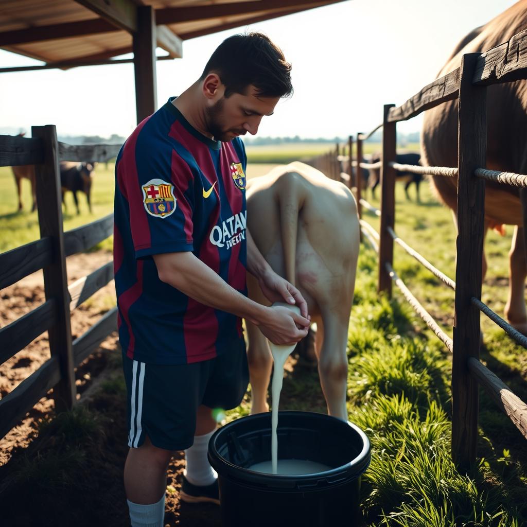 Lionel Messi stands on a sunny farm, slightly tilting forward as he carefully milks a cow by hand, dressed fully in his Barcelona football uniform