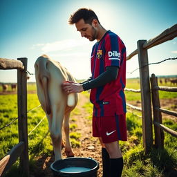 Lionel Messi stands on a sunny farm, slightly tilting forward as he carefully milks a cow by hand, dressed fully in his Barcelona football uniform