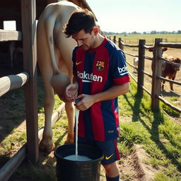 Lionel Messi stands on a sunny farm, slightly tilting forward as he carefully milks a cow by hand, dressed fully in his Barcelona football uniform