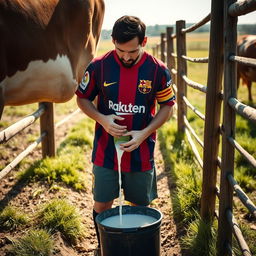 Lionel Messi stands on a sunny farm, slightly tilting forward as he carefully milks a cow by hand, dressed fully in his Barcelona football uniform