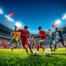 A vivid and action-packed scene capturing an exciting soccer match between two teams, the Daltons and the Shahins