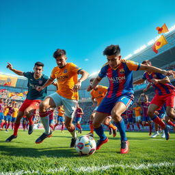 A vivid and action-packed scene capturing an exciting soccer match between two teams, the Daltons and the Shahins