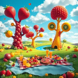 A whimsical and colorful fruit-themed fantasy landscape