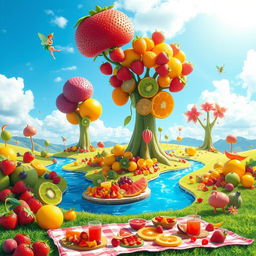 A whimsical and colorful fruit-themed fantasy landscape