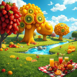 A whimsical and colorful fruit-themed fantasy landscape