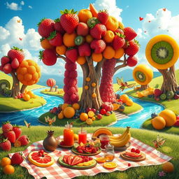 A whimsical and colorful fruit-themed fantasy landscape