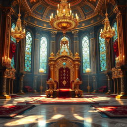 A majestic royal throne room depicted in a detailed digital painting, featuring an ornate throne made of gold and encrusted with precious gems
