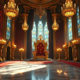 A majestic royal throne room depicted in a detailed digital painting, featuring an ornate throne made of gold and encrusted with precious gems
