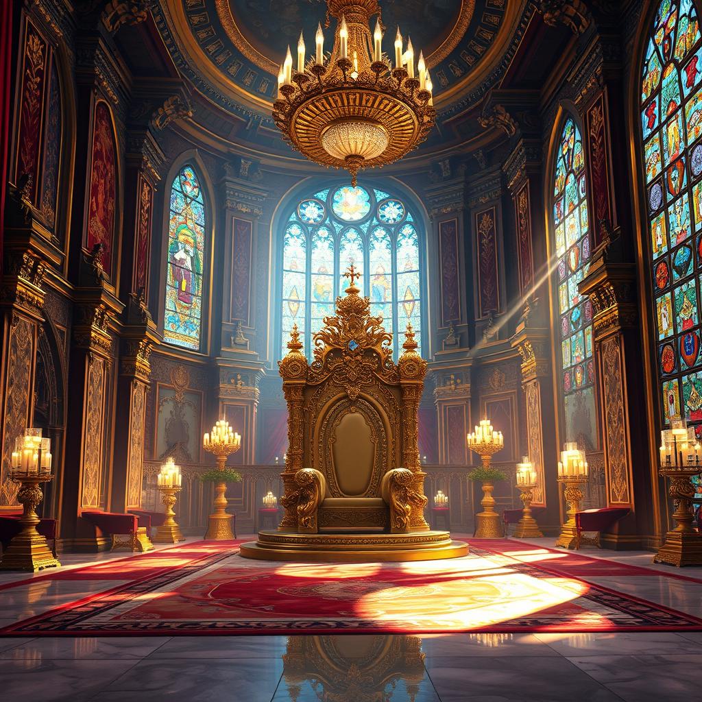 A majestic royal throne room depicted in a detailed digital painting, featuring an ornate throne made of gold and encrusted with precious gems
