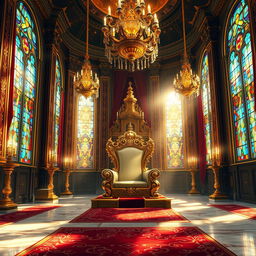 A majestic royal throne room depicted in a detailed digital painting, featuring an ornate throne made of gold and encrusted with precious gems