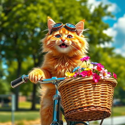 A playful scene featuring a fluffy orange tabby cat joyfully riding on a vintage bicycle