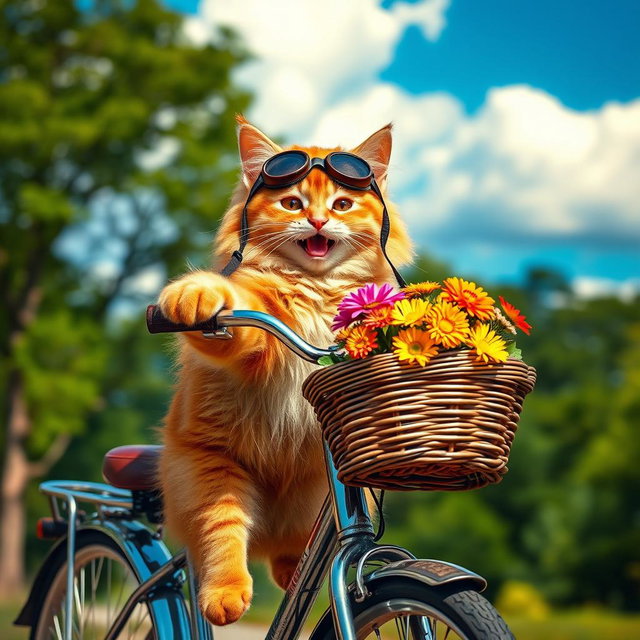 A playful scene featuring a fluffy orange tabby cat joyfully riding on a vintage bicycle