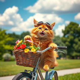 A playful scene featuring a fluffy orange tabby cat joyfully riding on a vintage bicycle