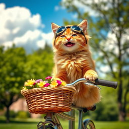 A playful scene featuring a fluffy orange tabby cat joyfully riding on a vintage bicycle