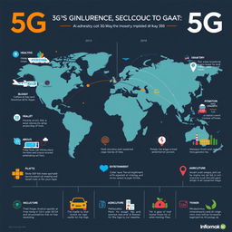 An imaginative infographic showcasing the global spread of 5G technology, highlighting key industries impacted by this advancement