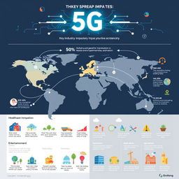 An imaginative infographic showcasing the global spread of 5G technology, highlighting key industries impacted by this advancement