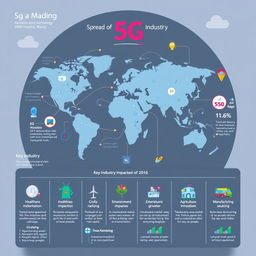 An imaginative infographic showcasing the global spread of 5G technology, highlighting key industries impacted by this advancement