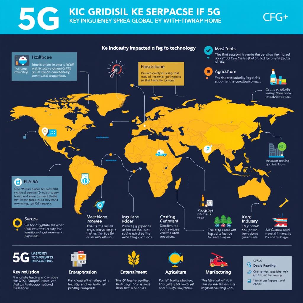 An imaginative infographic showcasing the global spread of 5G technology, highlighting key industries impacted by this advancement