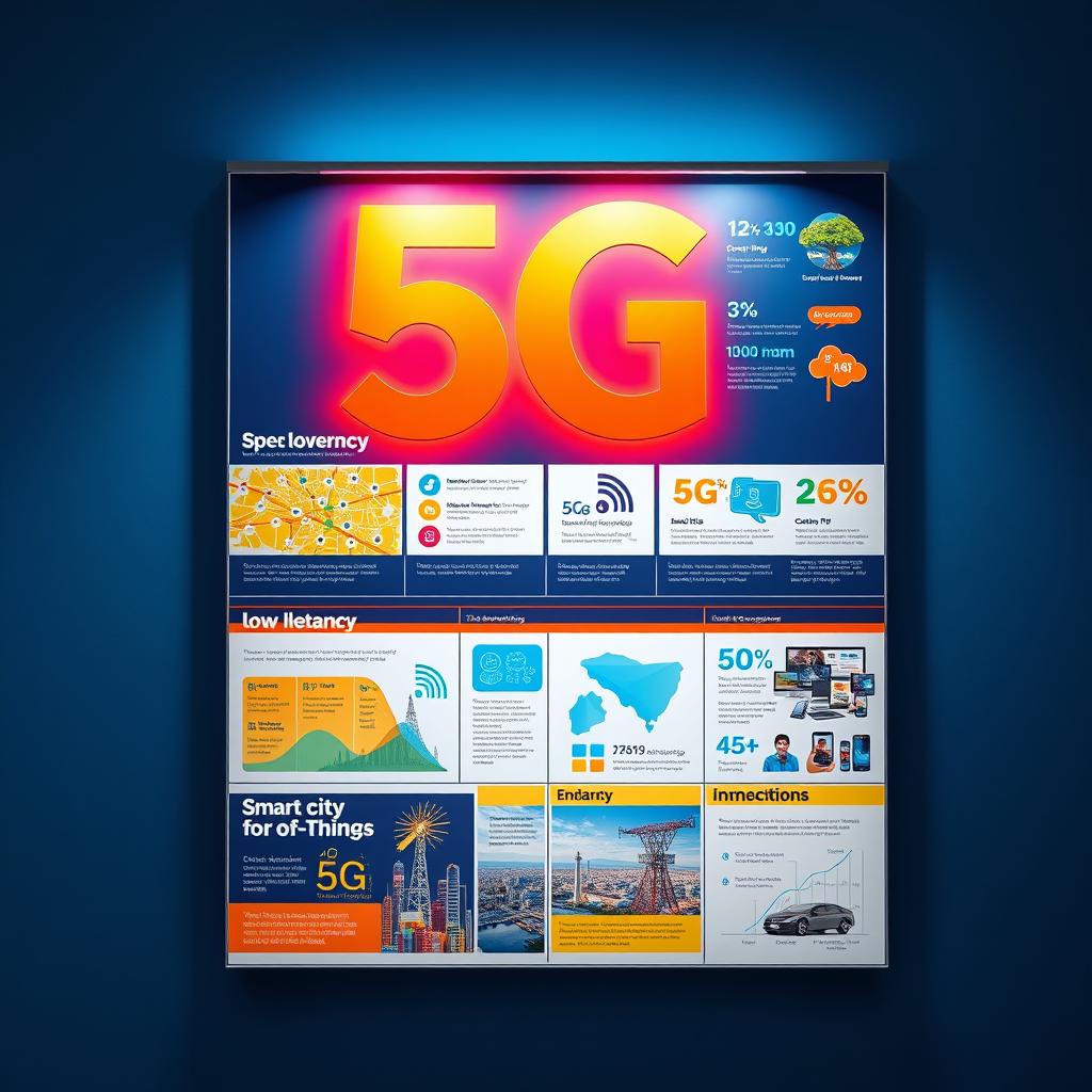 A vibrant and informative wall magazine showcasing 5G technology, featuring key aspects such as increased speed, low latency, and enhanced connectivity