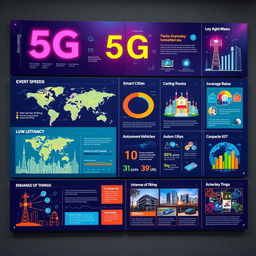 A vibrant and informative wall magazine showcasing 5G technology, featuring key aspects such as increased speed, low latency, and enhanced connectivity