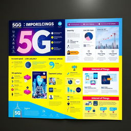 A vibrant and informative wall magazine showcasing 5G technology, featuring key aspects such as increased speed, low latency, and enhanced connectivity