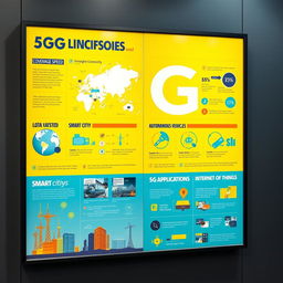 A vibrant and informative wall magazine showcasing 5G technology, featuring key aspects such as increased speed, low latency, and enhanced connectivity