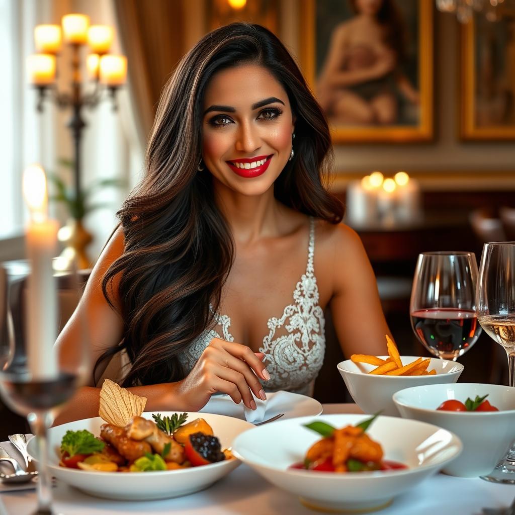 A beautiful woman resembling Nazanin Bayati, enjoying a sumptuous dinner at a luxurious table