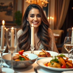A beautiful woman resembling Nazanin Bayati, enjoying a sumptuous dinner at a luxurious table