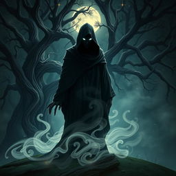 A mystical fantasy scene depicting a mysterious shadowy figure, cloaked in flowing dark garments, standing on the edge of an enchanted forest
