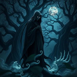 A mystical fantasy scene depicting a mysterious shadowy figure, cloaked in flowing dark garments, standing on the edge of an enchanted forest