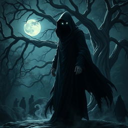 A mystical fantasy scene depicting a mysterious shadowy figure, cloaked in flowing dark garments, standing on the edge of an enchanted forest