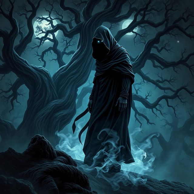 A mystical fantasy scene depicting a mysterious shadowy figure, cloaked in flowing dark garments, standing on the edge of an enchanted forest