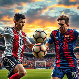 A high-energy sports action shot featuring Cristiano Ronaldo and Lionel Messi on a vibrant football field