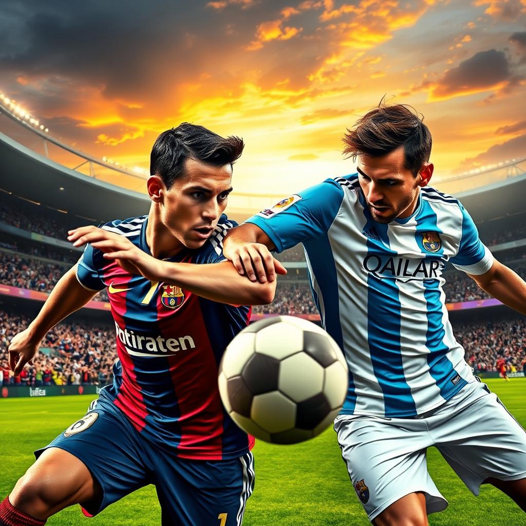 A high-energy sports action shot featuring Cristiano Ronaldo and Lionel Messi on a vibrant football field